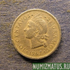 Монета 10 центавос, 1967-1975, Доминиканская республика