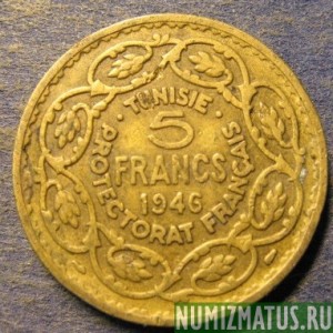 Монета 5 франков, АН 1365(1946), Тунис