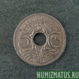 Монета 5 сантимов,  . 1938.-.1939 . , Франция ( с точками)