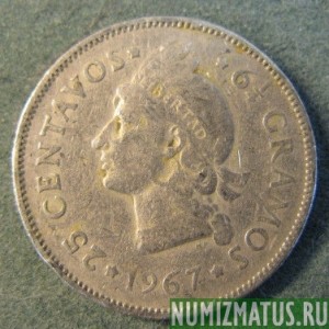 Монета 25 центавос, 1967-1972, Доминиканская республика