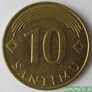 Монета 10 сантимов, 1992-2008, Латвия