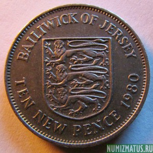 Монета 10 новых пенсов, 1968-1980, Джерси