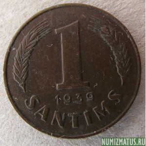 Монета 1 сантим, 1937-1939, Латвия