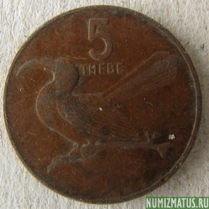 Монета 5 тебе, 1991, Ботсвана