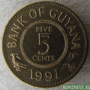 Монета 5 центов, 1967-1992, Гайана