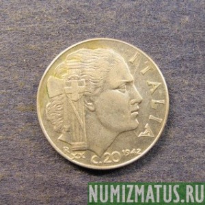 Монета 20 сантимов, 1939-1943, Италия (магнетик, гурт рубчатый)